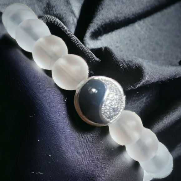 Opalite, Onyx & Aquamarine Handcrafted Beaded  Yin Yang Bracelet - Picture 8 of 11